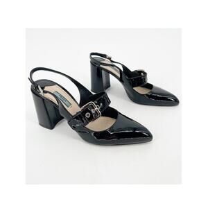 Prada Black Patent Leather Pointed Toe Mary Jane Strap Slingback Heel IT 40